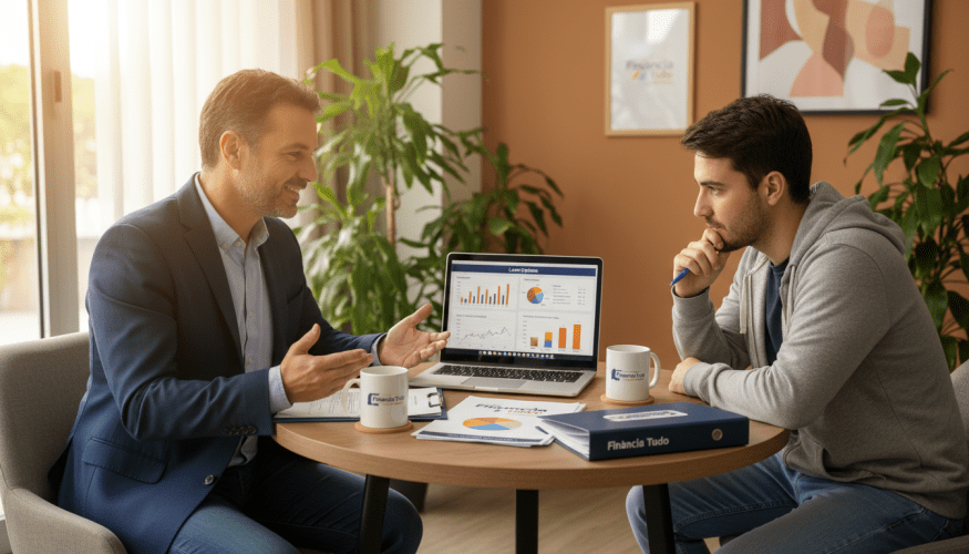 A cozy, informal meeting between a financial advisor and a client, discussing loan options. In the foreground, the advisor, a middle-aged person in smart casual attire, is sitting at a small round table, gesturing confidently while explaining. The client, a young adult in modest clothing, appears engaged and curious. In the middle, on the table, there are papers and a laptop showing graphs and information about loans. In the background, there’s a softly lit office space with plants and warm colors, creating an inviting atmosphere. The lighting is soft and natural, coming from a nearby window. Capture a professional yet relaxed mood, emphasizing the human connection in financial discussions. Include subtle branding elements of “Financia Tudo” in the decor.