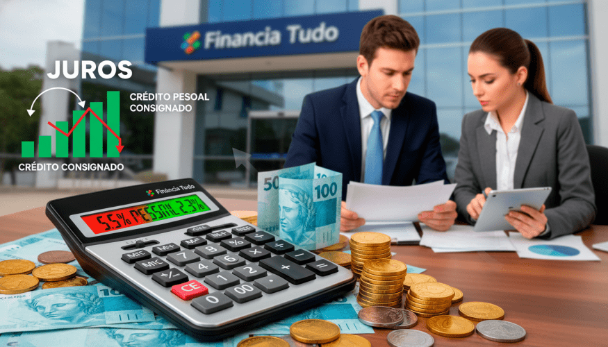 A detailed composition illustrating the concept of "juros" in personal and payroll credit. In the foreground, a sleek calculator displays various interest rates, surrounded by scattered coins and bank notes symbolizing different credit scenarios. The middle ground features a professional-looking man and woman in business attire discussing financial documents, with expressions of concentration. On the background, a soft-focus image of a bank building and an infographic-style illustration of rising and falling graphs representing credit trends. The lighting is bright and focused, creating a clear contrast between the foreground and background, and a sharp lens captures vibrant colors to enhance the visual impact. The atmosphere is serious yet uplifting, reflecting hope and clarity in financial decision-making. Include the brand name "Financia Tudo" subtly integrated into the scene.