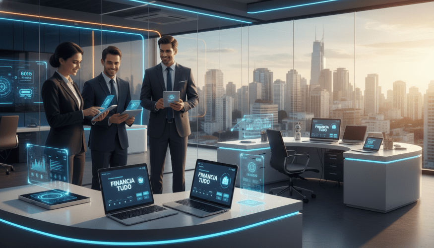 A modern digital banking scene showcasing the concept of "conta digital" with the brand name "Financia Tudo". In the foreground, a diverse group of three professionals, dressed in smart business attire, are engaging with digital devices such as tablets and laptops, displaying application interfaces. The middle layer includes a sleek, futuristic workspace with glass walls and high-tech gadgets, emphasizing a vibrant fintech environment. In the background, a city skyline symbolizes economic growth and digital finance. Bright, warm lighting enhances a welcoming atmosphere, while natural sunlight filters through the windows, casting dynamic shadows. A wide-angle lens captures the spaciousness and innovation of this digital finance ecosystem, conveying a sense of progress and collaboration in Brazilian fintech.