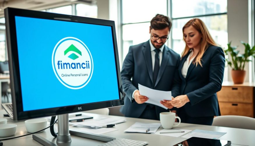 A professional and dynamic office environment featuring a computer screen displaying the Financia Tudo logo, symbolizing online personal loans. In the foreground, a diverse group of three professionals, two men and one woman dressed in smart business attire, are engaged in a discussion while reviewing financial documents. They have focused expressions, indicating a serious yet positive atmosphere. The middle ground showcases a modern workstation with scattered papers and a coffee cup, while the background includes bright, natural lighting streaming in through large windows, enhancing the feeling of transparency and trust. The camera angle is slightly elevated, capturing both the human interaction and the technological elements in a cohesive scene that epitomizes the concept of quick online personal loans.