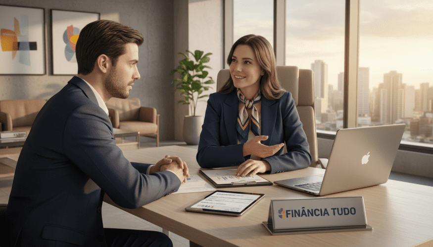 A professional and informative scene depicting a personal loan consultation setting. In the foreground, a confident financial advisor, dressed in a smart business suit, is engaged in conversation with a client, who appears attentive and curious. The middle ground features a sleek desk with financial documents and a laptop displaying graphs related to personal and payroll loans. The background shows a modern office with soft, warm lighting and contemporary decor to evoke a welcoming atmosphere. The overall mood is one of trust and professionalism. Prominently include the brand name "Financia Tudo" on a stylish nameplate on the desk. Use a slightly elevated angle to capture the interaction, emphasizing the connection between advisor and client.