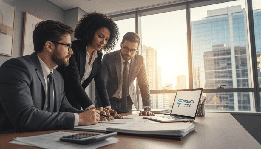 A professional office setting showcasing the concept of "empréstimo consignado." In the foreground, a focused, diverse group of three professionals—two men and one woman—dressed in business attire, are discussing a financial document. In the middle ground, a well-organized desk with documents, calculators, and a laptop displaying the brand name "Financia Tudo." In the background, a large window letting in warm natural light, highlighting a modern cityscape. The overall mood is optimistic and focused, conveying trust and professionalism in financial dealings. Use soft lighting to create a welcoming atmosphere and a low-angle view for a sense of importance and engagement. Ensure no text or logos other than "Financia Tudo" are visible.