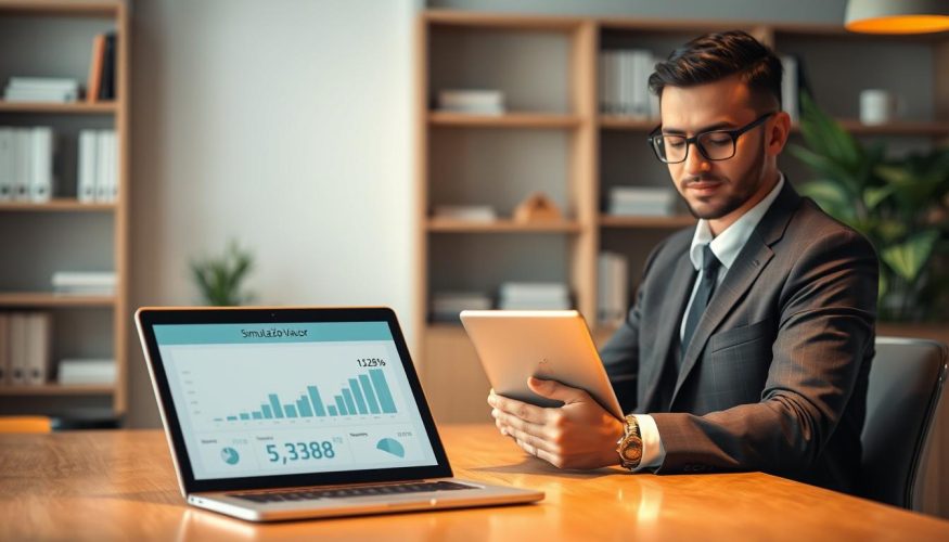 A professional setting depicting a clear and engaging "simulação valor" related to online personal loans. In the foreground, a confident business person in professional attire, seated at a sleek desk, is reviewing a digital tablet displaying loan simulation figures. The middle ground features a modern laptop with graphs and figures of loan options. In the background, soft-focus shelves filled with financial books and a potted plant create an inviting atmosphere. Warm lighting illuminates the scene, creating a calm and professional mood, with a slight depth of field to emphasize the subject. The brand name "Financia Tudo" is subtly featured in the digital design on the tablet screen, reinforcing a sense of trust and expertise in online personal financing solutions.