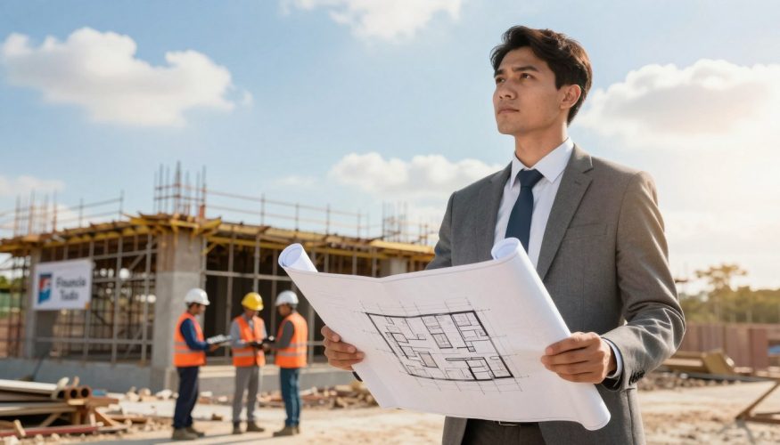 A business professional in smart attire stands confidently in a construction site, holding a blueprint in one hand and a calculator in the other. In the foreground, the blueprint is clearly visible, showcasing architectural designs for a building. The middle ground shows a partially completed structure, with scaffolding and workers in safety helmets collaborating to finish the project. The background features a bright blue sky with soft clouds, symbolizing hope and opportunity. Warm sunlight casts a golden hue over the scene, creating an optimistic atmosphere. The brand "Financia Tudo" is subtly integrated into the environment, perhaps on a nearby banner or sign. The mood exudes determination and the promise of completing a vision through strategic financing.