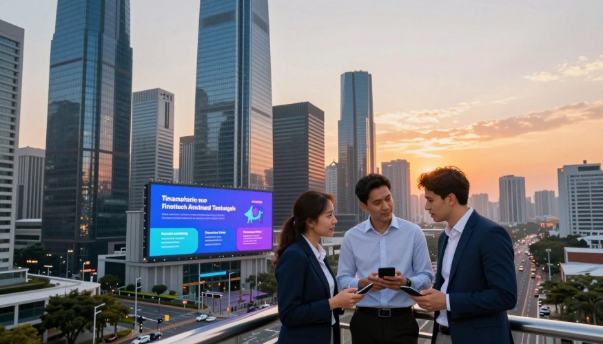 A bustling cityscape representing the fintech affiliate market, showcasing a panoramic view that emphasizes modernity and opportunity. In the foreground, a diverse group of three professionals dressed in business attire—two men and one woman—discussing strategies with digital devices in hand, reflecting collaboration. The middle ground features sleek skyscrapers with integrated digital billboards promoting fintech services, while the background displays a vibrant sunset casting a warm glow over the skyline. The atmosphere is dynamic and optimistic, symbolizing growth and innovation in the financial technology sector. Use a wide-angle lens to capture the expansive urban landscape, with bright, engaging lighting that enhances the sense of possibility. Include the brand name "Financia Tudo" subtly integrated into one of the digital billboards.