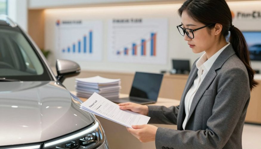 A close-up scene of a professional businesswoman in a stylish blazer and glasses, presenting a modern, sleek vehicle in a well-lit indoor showroom. The vehicle is prominently positioned in the foreground, showcasing its details, emphasizing luxury and reliability. In the middle ground, stacks of paperwork and a laptop are arranged neatly on a desk, signifying the financial aspects of a vehicle-backed loan. The background features soft-focus images of charts and graphs, symbolizing reduced interest rates and financial growth. The atmosphere is vibrant and focused, with warm lighting illuminating the scene. In the corner, a subtle logo for "Financia Tudo" is displayed, enhancing the context without overpowering the main elements.
