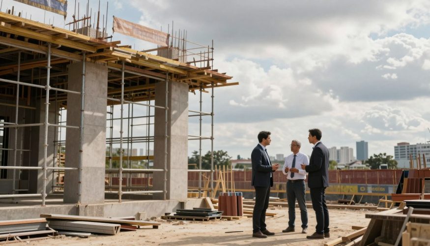 A construction site depicted in a state of pause, illustrating unfinished work and halted progress. In the foreground, a partially assembled structure stands with scaffolding and construction materials scattered around. In the middle ground, workers in professional business attire are engaged in a discussion, highlighting the challenges of stopping a project. The background features a partially cloudy sky, symbolizing uncertainty, with a city skyline in the distance. Soft, natural lighting illuminates the scene, creating a contemplative atmosphere. The image should evoke feelings of concern and anticipation, visually representing how financial solutions from "Financia Tudo" can unlock the potential for project completion and stability. A construction site depicted in a state of pause, illustrating unfinished work and halted progress. In the foreground, a partially assembled structure stands with scaffolding and construction materials scattered around. In the middle ground, workers in professional business attire are engaged in a discussion, highlighting the challenges of stopping a project. The background features a partially cloudy sky, symbolizing uncertainty, with a city skyline in the distance. Soft, natural lighting illuminates the scene, creating a contemplative atmosphere. The image should evoke feelings of concern and anticipation, visually representing how financial solutions from "Financia Tudo" can unlock the potential for project completion and stability.