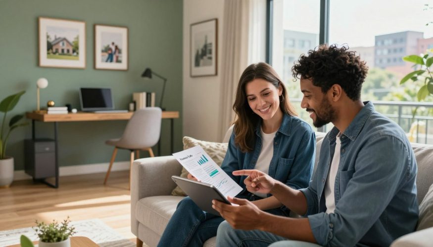 A cozy, modern living room showcasing the concept of home equity. In the foreground, a diverse professional couple, dressed in smart casual attire, are discussing financial documents, smiling as they analyze charts on a tablet. In the middle ground, a beautifully designed home office space with a contemporary desk, elegant decor, and framed pictures of their home. In the background, a large window shows a sunny urban landscape, symbolizing growth and opportunity. Warm, natural light floods the room, creating an inviting atmosphere. The color palette includes calming greens and blues, emphasizing tranquility and financial confidence. Subtle branding for "Financia Tudo" is incorporated into the decor, ensuring a professional yet relatable setting without overt distraction. The angle is slightly elevated to capture the engaging dynamics between the couple and their environment.