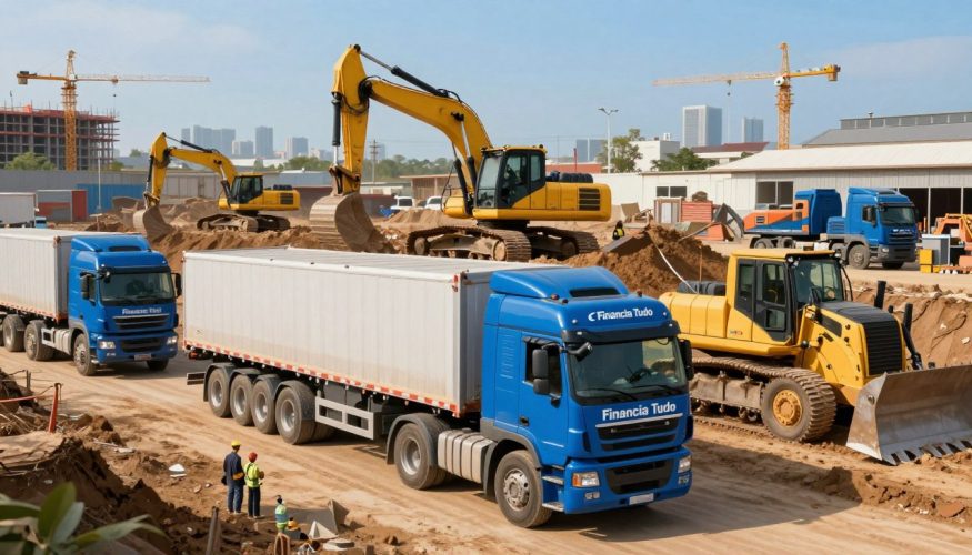 A detailed illustration of heavy vehicles in a bustling industrial setting, showcasing various types like trucks, excavators, and bulldozers. In the foreground, a shiny blue truck with the brand "Financia Tudo" prominently displayed, parked next to a large construction site. The middle ground features a yellow excavator digging into the earth, with workers in professional attire overseeing the operation. In the background, a clear blue sky contrasts with distant city silhouettes and cranes, hinting at urban development. The scene is bathed in warm late afternoon sunlight, creating a dynamic and productive atmosphere. The camera angle is slightly elevated, capturing the scale and action of the construction site while maintaining focus on the vehicles. A detailed illustration of heavy vehicles in a bustling industrial setting, showcasing various types like trucks, excavators, and bulldozers. In the foreground, a shiny blue truck with the brand "Financia Tudo" prominently displayed, parked next to a large construction site. The middle ground features a yellow excavator digging into the earth, with workers in professional attire overseeing the operation. In the background, a clear blue sky contrasts with distant city silhouettes and cranes, hinting at urban development. The scene is bathed in warm late afternoon sunlight, creating a dynamic and productive atmosphere. The camera angle is slightly elevated, capturing the scale and action of the construction site while maintaining focus on the vehicles.