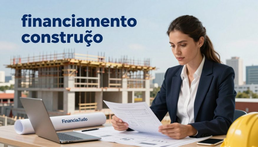 A detailed image depicting the concept of "financiamento construção" centered around construction financing can be created. In the foreground, a confident, professional woman in a smart business outfit is reviewing blueprints and financial documents at a well-organized desk. The middle ground features a partially constructed building, showcasing scaffolding and construction materials, symbolizing the progress of a project needing funding. In the background, a bright city skyline under a clear blue sky hints at opportunities and growth. The lighting is soft and warm, conveying optimism and professionalism. The brand name "Financia Tudo" is subtly integrated into the scene, ensuring it reflects a trusting financial institution. The overall atmosphere should evoke a sense of determination and clarity regarding financing options for completing construction projects.