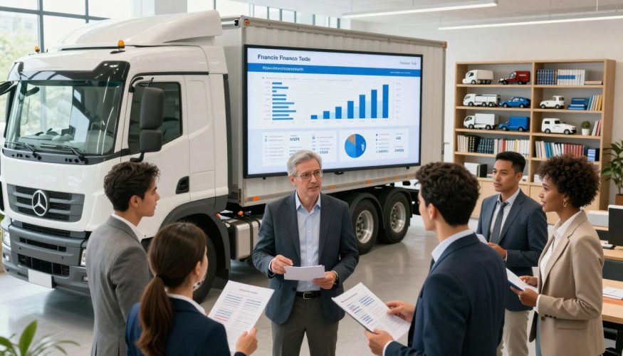 A detailed scene illustrating truck financing, featuring a diverse group of professionals in business attire engaging in a discussion around a large, modern truck parked in a spacious, well-lit office environment. In the foreground, a man and woman are examining financial documents with expressions of interest and focus. The middle ground includes a large digital screen displaying graphs and financing options, while the background shows shelves filled with model trucks and finance books. The lighting is bright and natural, creating an optimistic atmosphere. The brand name "Financia Tudo" appears subtly on the digital screen, reinforcing a sense of professionalism and trust in financial services. The angle is slightly elevated, providing a comprehensive view of the interaction and the vibrant office setting.