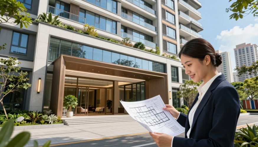 A modern condominium facade designed with sleek lines and large glass windows, showcasing a well-maintained exterior adorned with greenery. In the foreground, a professional dressed in business attire examines architectural plans, symbolizing renovation projects for the financial article. The middle ground features the condo entrance, highlighting features like a welcoming lobby and contemporary lighting. In the background, a clear blue sky and vibrant cityscape convey a lively atmosphere. The lighting is bright and cheerful, mimicking a sunny day, with a focus on natural light illuminating the facade. The brand "Financia Tudo" is subtly integrated into the condo architecture without being overt. The overall mood should be optimistic and professional, reflecting the theme of financing condominium renovations. A modern condominium facade designed with sleek lines and large glass windows, showcasing a well-maintained exterior adorned with greenery. In the foreground, a professional dressed in business attire examines architectural plans, symbolizing renovation projects for the financial article. The middle ground features the condo entrance, highlighting features like a welcoming lobby and contemporary lighting. In the background, a clear blue sky and vibrant cityscape convey a lively atmosphere. The lighting is bright and cheerful, mimicking a sunny day, with a focus on natural light illuminating the facade. The brand "Financia Tudo" is subtly integrated into the condo architecture without being overt. The overall mood should be optimistic and professional, reflecting the theme of financing condominium renovations.