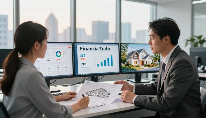 A modern financial consultant's office, symbolizing "Financia Tudo," is at the forefront, featuring a well-dressed professional in business attire engaged in a discussion with a couple examining house plans on a sleek, polished desk. In the middle ground, display digital screens showcasing mortgage options, interest rates, and charts alongside images of cozy homes. The background should have floor-to-ceiling windows revealing a city skyline, bathed in warm afternoon sunlight, projecting a sense of hope and financial opportunity. Use a shallow depth of field to focus on the couple and consultant, creating a professional, inviting atmosphere. Aim for a balanced composition that conveys trust and clarity in real estate financing decisions. A modern financial consultant's office, symbolizing "Financia Tudo," is at the forefront, featuring a well-dressed professional in business attire engaged in a discussion with a couple examining house plans on a sleek, polished desk. In the middle ground, display digital screens showcasing mortgage options, interest rates, and charts alongside images of cozy homes. The background should have floor-to-ceiling windows revealing a city skyline, bathed in warm afternoon sunlight, projecting a sense of hope and financial opportunity. Use a shallow depth of field to focus on the couple and consultant, creating a professional, inviting atmosphere. Aim for a balanced composition that conveys trust and clarity in real estate financing decisions.