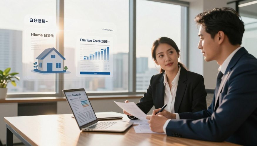 A modern financial office setting in the foreground features a confident professional couple, dressed in business attire, discussing financial options with a consultant from "Financia Tudo." The couple is seated at a sleek wooden table with an open laptop displaying financial documents. In the middle ground, graphical representations of property assets and loan agreements are visible, symbolizing the concept of secured credit. The background exhibits a large window with a city skyline, illuminated by warm afternoon sunlight pouring in, creating a welcoming and optimistic atmosphere. The lighting highlights their expressions of determination and hope. The composition focuses on the theme of home equity loans, emphasizing security and flexibility in financial planning, with a clean and professional aesthetic.