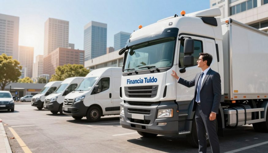 A modern heavy-duty truck, emblazoned with the brand name "Financia Tudo," parked in a vibrant urban setting filled with busy streets. In the foreground, a well-dressed business professional, wearing a tailored suit, inspects the truck with a confident smile, symbolizing financial opportunity. In the middle ground, several commercial vehicles such as vans and trucks line a business district, showcasing the variety available for financing. The background is a bustling city skyline under a clear blue sky, enhancing the sense of opportunity and ambition. The lighting is bright, with warm sunlight casting soft shadows, creating an optimistic atmosphere that highlights the importance of financing heavy vehicles now. Use a wide-angle lens to capture the essence of the urban landscape.