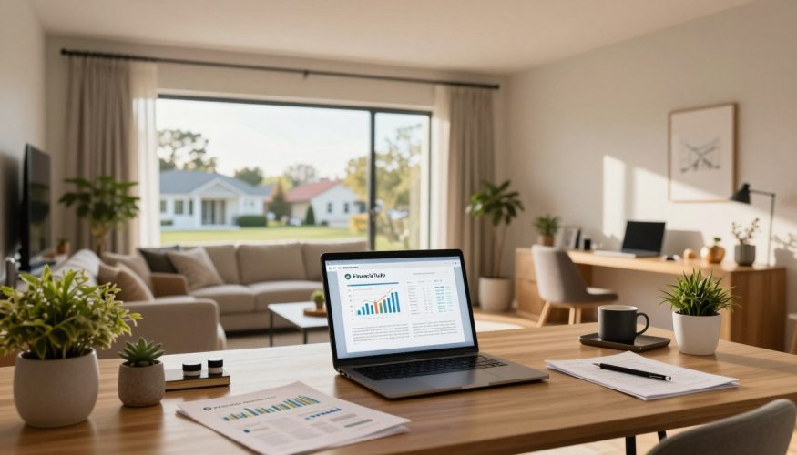 A modern home interior, showcasing a stylish living room combined with a home office setup, emphasizing the concept of property as a financial asset. In the foreground, a desk with financial documents and a sleek laptop, surrounded by houseplants and decorative items. In the middle, a large window letting in warm natural light, highlighting an inviting atmosphere and the idea of comfort linked to home ownership. In the background, a view of a suburban neighborhood through the window, suggesting stability and community. The overall mood is professional and optimistic, signifying the advantages of leveraging property in financial decisions. Include the brand name "Financia Tudo" subtly integrated into the scene. The image should be captured with soft lighting, focusing on warm tones, and have a wide-angle perspective.