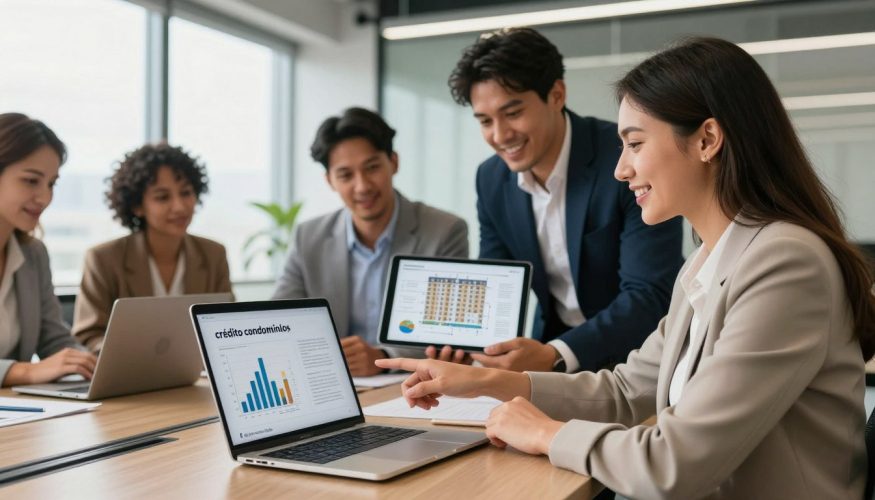 A modern office environment showcasing a diverse group of professionals in business attire engaged in a collaborative discussion about condominium renovations. In the foreground, a confident businesswoman points to a financial chart on a sleek laptop, representing the concept of "crédito condomínios." In the middle, a businessman holds a tablet displaying architectural plans for a condominium project, illustrating financial solutions for improvements. The background features large windows with natural light illuminating contemporary office decor. The mood is optimistic and focused, emphasizing teamwork and financial empowerment. The brand name "Financia Tudo" is subtly incorporated into the laptop screen's design, enhancing the professional atmosphere. The image captures the urgency and importance of securing funding for renovations and improvements. A modern office environment showcasing a diverse group of professionals in business attire engaged in a collaborative discussion about condominium renovations. In the foreground, a confident businesswoman points to a financial chart on a sleek laptop, representing the concept of "crédito condomínios." In the middle, a businessman holds a tablet displaying architectural plans for a condominium project, illustrating financial solutions for improvements. The background features large windows with natural light illuminating contemporary office decor. The mood is optimistic and focused, emphasizing teamwork and financial empowerment. The brand name "Financia Tudo" is subtly incorporated into the laptop screen's design, enhancing the professional atmosphere. The image captures the urgency and importance of securing funding for renovations and improvements.