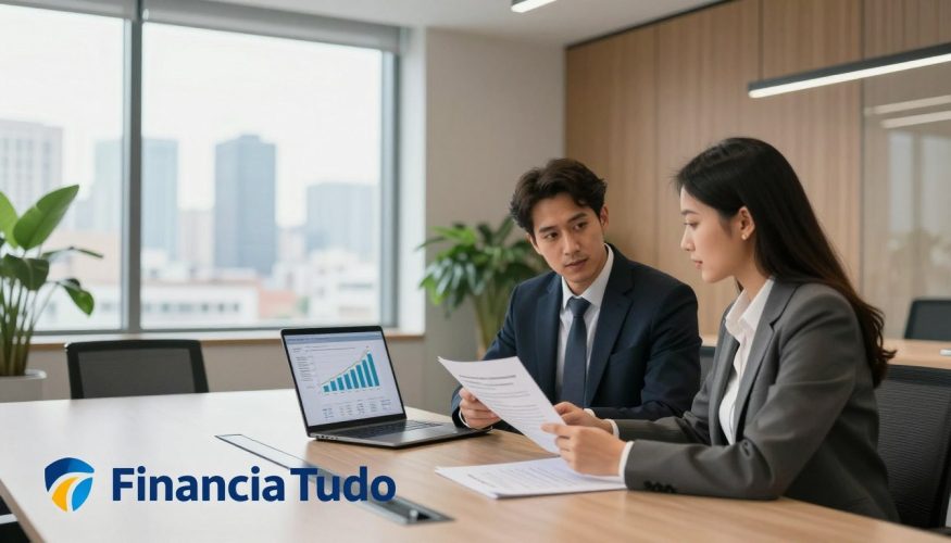 A modern office interior featuring a professional discussion about mortgage-backed loans. In the foreground, two businesspeople—one man and one woman, dressed in smart business attire—are seated at a sleek conference table, examining documents related to property guarantees. In the middle, a large window allows natural light to flood the space, highlighting a view of a city skyline, symbolizing financial opportunity. On the table, a laptop displays graphs and charts representing loan statistics. The background consists of tastefully decorated walls and plants, creating an inviting atmosphere. The lighting is bright and clear, giving a sense of professionalism and optimism. Prominently in the foreground, include a subtle logo of "Financia Tudo" as part of the scene, enhancing the financial theme without being overpowering.