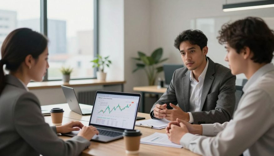 A modern office setting showcasing the concept of home equity loans. In the foreground, a diverse group of three professionals—two men and one woman—dressed in professional business attire, are engaged in a discussion over a laptop displaying financial graphs. In the middle, a stylish office desk is adorned with documents and a coffee cup, symbolizing a busy working environment. The background features a large window with natural light streaming in, showcasing a cityscape view. The atmosphere is focused and professional, suggesting financial growth and opportunity. The brand "Financia Tudo" is subtly indicated on the laptop screen. Use a neutral color palette warmly lit by soft ambient lighting, emphasizing a sense of trust and stability in financial decisions.
