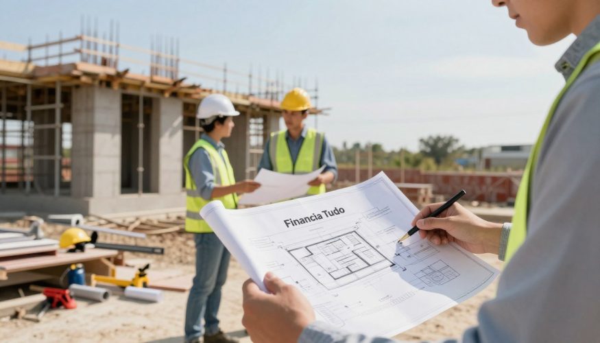 A professional architect examining blueprints at a construction site, surrounded by tools and materials. In the foreground, a close-up of hands holding financial documents labeled “Financia Tudo,” symbolizing a loan for project completion. In the middle ground, a partially finished building with scaffolding and construction workers in smart casual attire, discussing plans. The background features a clear blue sky, emphasizing productivity and hope. Use soft, natural lighting to create a warm, inviting atmosphere, capturing the essence of determination and focus. Angle the shot slightly from above to provide an overview of the site and the workers engaged in dialogue about the project's future. A professional architect examining blueprints at a construction site, surrounded by tools and materials. In the foreground, a close-up of hands holding financial documents labeled “Financia Tudo,” symbolizing a loan for project completion. In the middle ground, a partially finished building with scaffolding and construction workers in smart casual attire, discussing plans. The background features a clear blue sky, emphasizing productivity and hope. Use soft, natural lighting to create a warm, inviting atmosphere, capturing the essence of determination and focus. Angle the shot slightly from above to provide an overview of the site and the workers engaged in dialogue about the project's future.