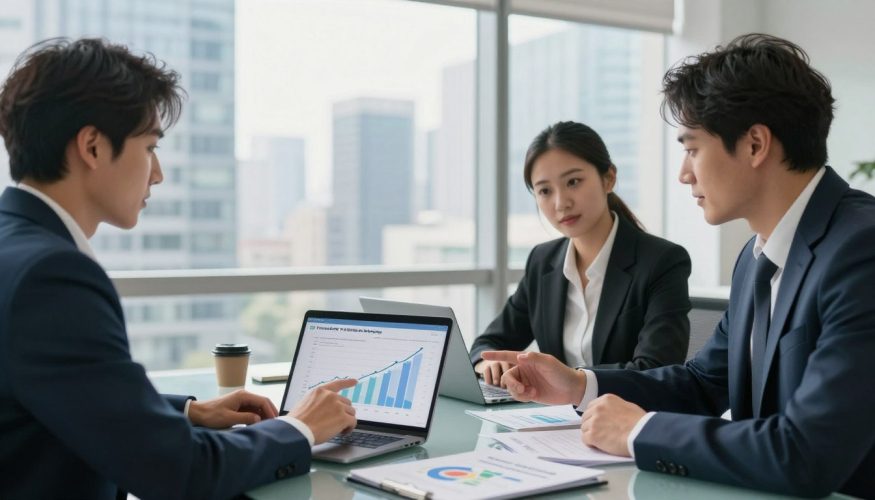A professional business meeting focused on affiliate marketing, showcasing a diverse group of three individuals, two men and one woman, dressed in smart business attire. They are gathered around a sleek glass table, with laptops and charts visible, indicating strategic discussions about earning commissions. In the foreground, a hand points to a financial chart on a digital device, representing growth and potential profits. In the background, a large window reveals a modern city skyline, with bright sunlight illuminating the room, creating an atmosphere of optimism and collaboration. The company logo, "Financia Tudo," is subtly featured on a presentation slide behind them. The image captures a sense of professionalism and focus on affiliate programs. Soft, diffused lighting enhances the inviting mood.