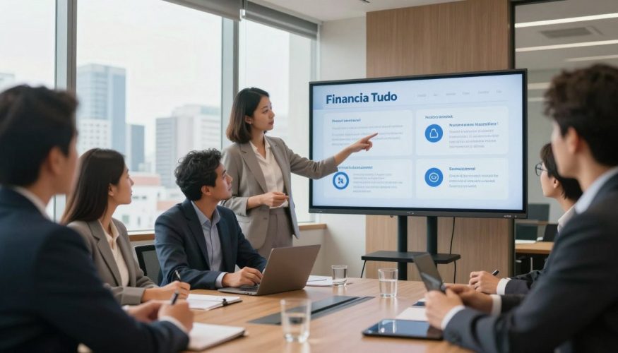 A professional business meeting setting in a modern office, featuring a diverse group of individuals discussing real estate financing options. In the foreground, a well-dressed woman points to a digital presentation on a large screen titled "Financia Tudo," showcasing various financing models, including options without down payments. In the middle, a man in a suit is taking notes, looking engaged. The background displays a panoramic view of a city skyline through large windows, and natural light fills the room, creating a warm and inviting atmosphere. The mood conveys hope and possibility, emphasizing the theme of financial opportunities in real estate. The angle captures the professionalism and collaborative spirit of the meeting, with clear focus on the engaged participants. A professional business meeting setting in a modern office, featuring a diverse group of individuals discussing real estate financing options. In the foreground, a well-dressed woman points to a digital presentation on a large screen titled "Financia Tudo," showcasing various financing models, including options without down payments. In the middle, a man in a suit is taking notes, looking engaged. The background displays a panoramic view of a city skyline through large windows, and natural light fills the room, creating a warm and inviting atmosphere. The mood conveys hope and possibility, emphasizing the theme of financial opportunities in real estate. The angle captures the professionalism and collaborative spirit of the meeting, with clear focus on the engaged participants.