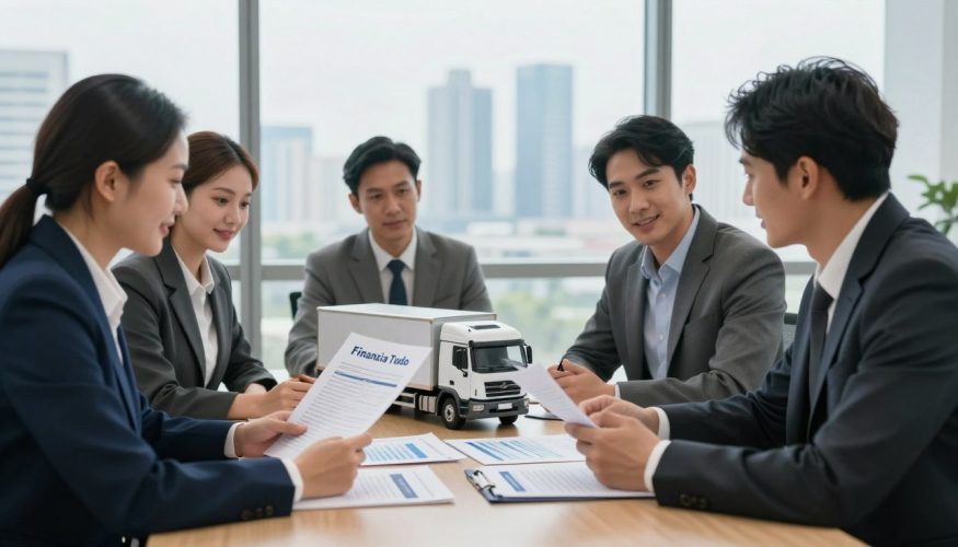 A professional business scene depicting a meeting in an office for a vehicle-backed loan discussion. The foreground features a diverse group of business professionals—two men and a woman—dressed in smart business attire, reviewing documents and discussing terms. In the middle, a large table displays a model truck and financial paperwork related to loans, specifically highlighting "Financia Tudo" materials. The background shows a large window with a city skyline, allowing soft natural light to flood the room, creating a bright atmosphere. The focus is on collaboration and trust, emphasizing a serious yet hopeful mood as they explore flexible financing options for truck refinancing. The overall setting is modern and inviting, perfect for a financial discussion without any distractions.