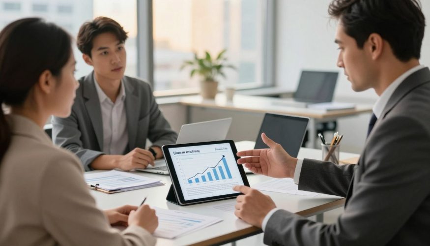 A professional business scene focused on a confident financial advisor presenting a home equity loan opportunity to a couple. In the foreground, the advisor, dressed in a tailored suit, gestures towards a digital tablet showing growth charts and benefits of securing a mortgage against a property. The couple, dressed in smart casual attire, looks engaged and interested. In the middle ground, there is a modern office environment with a sleek desk cluttered with documents and a laptop, emphasizing a professional atmosphere. The background shows a large window with city views, bathed in warm, natural light, creating an inviting and reassuring mood. The name "Financia Tudo" is subtly represented by a logo on the digital tablet.