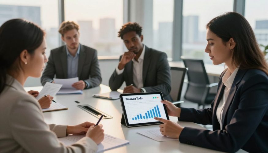 A professional business setting featuring a diverse group of individuals gathered around a sleek conference table, discussing partnership opportunities in credit affiliate programs. In the foreground, an engaged woman in a smart blazer enthusiastically presents a digital tablet displaying graphs and financial data. In the middle ground, there are two men in business attire, nodding and taking notes, while a younger woman examines documents. The background shows a modern office with large windows revealing a city skyline, bathed in warm, natural light. The atmosphere is collaborative and dynamic, illustrating a thriving partnership. Include the brand name "Financia Tudo" prominently displayed on the tablet screen. The image should be captured from a slightly elevated angle to give a comprehensive view of the scene.