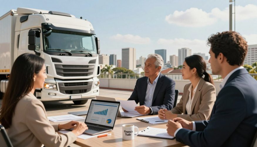 A professional business setting showcasing a diverse group of individuals, including a businessman in a suit and two women in smart casual attire, discussing truck financing options. In the foreground, a large, modern truck is parked, symbolizing the subject of financing trucks. The middle ground features a sleek office table with documents and a laptop displaying financial graphs related to truck purchases. The background reveals a panoramic view of a bustling Brazilian cityscape, under a bright blue sky. Warm, natural lighting illuminates the scene, creating an inviting atmosphere. The brand name "Financia Tudo" is subtly integrated into a coffee mug on the table, reinforcing the theme of truck financing without textual overlays.