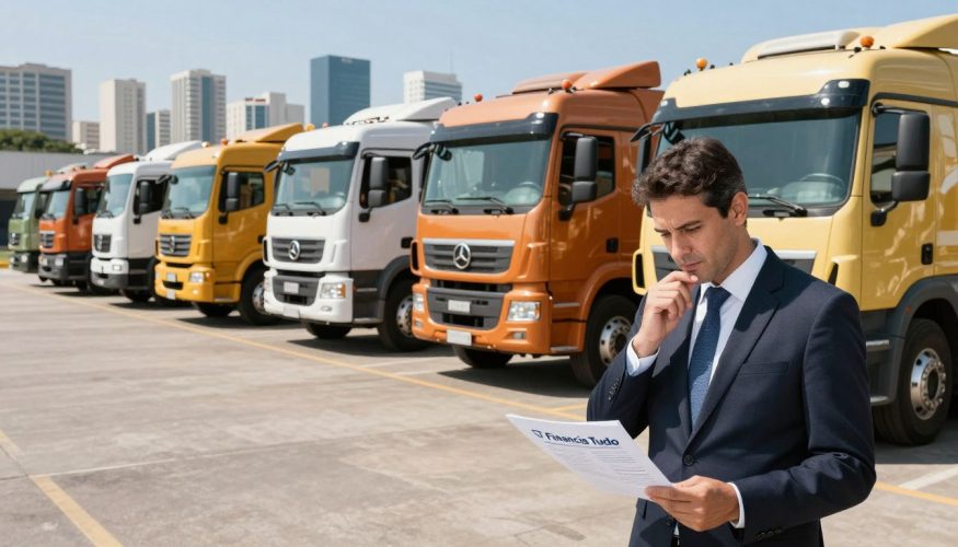 A professional business setting showcasing a fleet of heavy vehicles, including trucks and construction equipment, arranged in a dynamic composition. In the foreground, a well-dressed business professional, representing Financia Tudo, is analyzing financial documents with a thoughtful expression. The middle ground features a diverse lineup of heavy vehicles parked under bright, natural lighting that emphasizes their robust design. In the background, a bustling Brazilian city skyline is visible, symbolizing the market’s vibrancy. The angle is slightly elevated, offering a comprehensive view of the vehicles and the professional's engagement with the financial aspects of these vehicles. The mood is optimistic and forward-looking, capturing the essence of flexible financial solutions in the heavy vehicle market. A professional business setting showcasing a fleet of heavy vehicles, including trucks and construction equipment, arranged in a dynamic composition. In the foreground, a well-dressed business professional, representing Financia Tudo, is analyzing financial documents with a thoughtful expression. The middle ground features a diverse lineup of heavy vehicles parked under bright, natural lighting that emphasizes their robust design. In the background, a bustling Brazilian city skyline is visible, symbolizing the market’s vibrancy. The angle is slightly elevated, offering a comprehensive view of the vehicles and the professional's engagement with the financial aspects of these vehicles. The mood is optimistic and forward-looking, capturing the essence of flexible financial solutions in the heavy vehicle market.