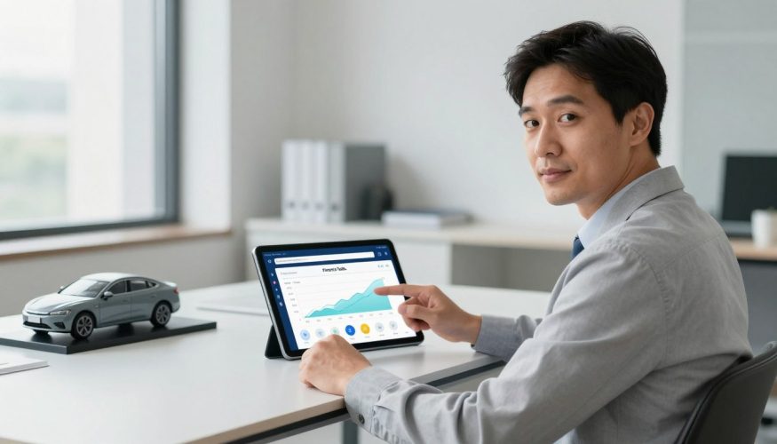 A professional finance advisor sitting in a modern office, engaging with a digital tablet displaying vehicle refinancing options. In the foreground, the advisor, dressed in business attire, looks confidently at the viewer. In the middle ground, the tablet shows a detailed interface with graphs and statistics related to vehicle refinancing, emphasizing the brand "Financia Tudo." The background features a sleek, minimalistic office with a large window letting in soft, natural light, a neat desk with a modern car model as a decorative piece. The overall mood is open and professional, illustrating clarity and financial expertise, conveying a sense of trust and reliability in the refinancing process.