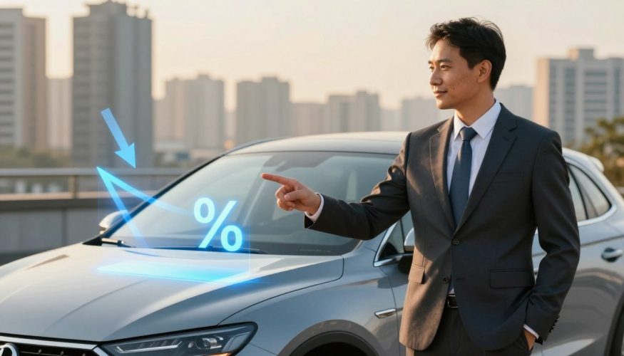 A professional financial advisor, dressed in a smart business suit, stands confidently next to a sleek car, symbolizing the concept of auto-backed loan solutions. The foreground features the advisor pointing towards a floating graphic of low interest rates, visually represented as descending arrows and percentage symbols. In the middle, a stylish car represents security and reliability in financial decisions. The background includes a modern cityscape bathed in warm, golden sunlight, suggesting prosperity and optimism. Ensure the scene is well-lit, highlighting the advisor's expression of assurance and friendliness. The overall atmosphere is dynamic and inviting, emphasizing the benefits of choosing car equity loans with low rates from "Financia Tudo."