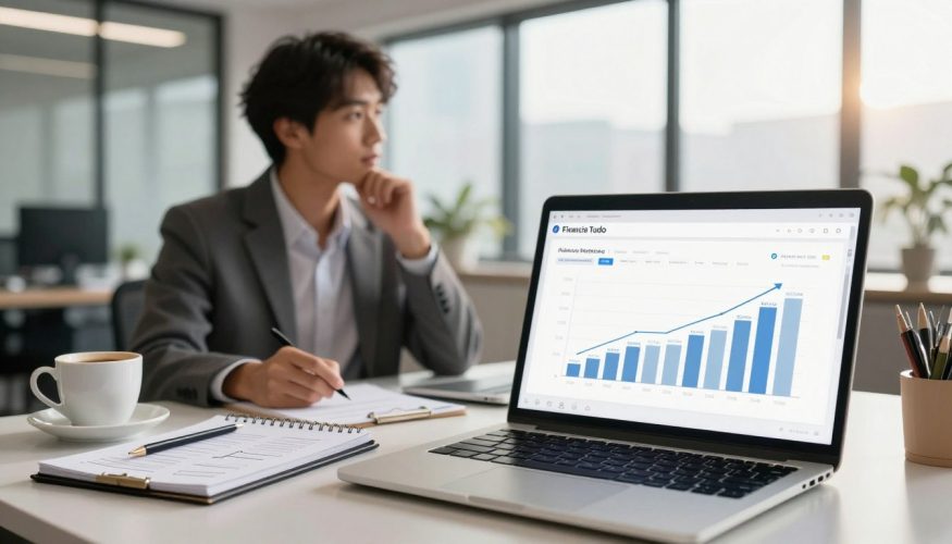A professional-looking workspace scene showcasing the concept of affiliate marketing. In the foreground, a laptop displaying a graph and charts, symbolizing online earnings, is open on a sleek desk. To the left, a notepad with marketing strategies and a cup of coffee add a personal touch. In the middle ground, a young professional in business attire, looking thoughtfully at the screen, embodies the pursuit of online income. The background features a modern office setting with large windows allowing natural light to flow in, creating an inviting atmosphere. Subtle branding of "Financia Tudo" is present in the environment, enhancing the focus on financial growth. Soft, warm lighting enhances a hopeful and motivating mood, inviting viewers to explore the potential of affiliate marketing.