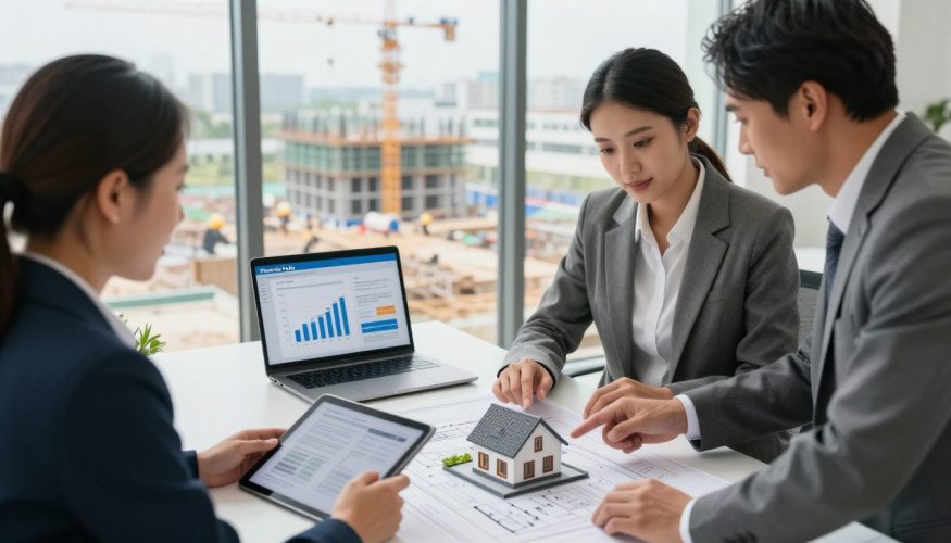 A professional scene illustrating the concept of construction credit, featuring a modern office environment. In the foreground, a diverse group of two professional individuals in business attire are discussing blueprints for a new house, with one person pointing at a design on a tablet. The middle layer shows a desk with a laptop displaying financial graphs and loan documents, symbolizing the financial aspect of construction credit by "Financia Tudo." In the background, large windows reveal a construction site with cranes and workers, highlighting ongoing development. The lighting is bright and inviting, suggesting optimism and growth. The angle is slightly elevated, providing a comprehensive view of the interaction and emphasizing the theme of financial empowerment in home construction. A professional scene illustrating the concept of construction credit, featuring a modern office environment. In the foreground, a diverse group of two professional individuals in business attire are discussing blueprints for a new house, with one person pointing at a design on a tablet. The middle layer shows a desk with a laptop displaying financial graphs and loan documents, symbolizing the financial aspect of construction credit by "Financia Tudo." In the background, large windows reveal a construction site with cranes and workers, highlighting ongoing development. The lighting is bright and inviting, suggesting optimism and growth. The angle is slightly elevated, providing a comprehensive view of the interaction and emphasizing the theme of financial empowerment in home construction.