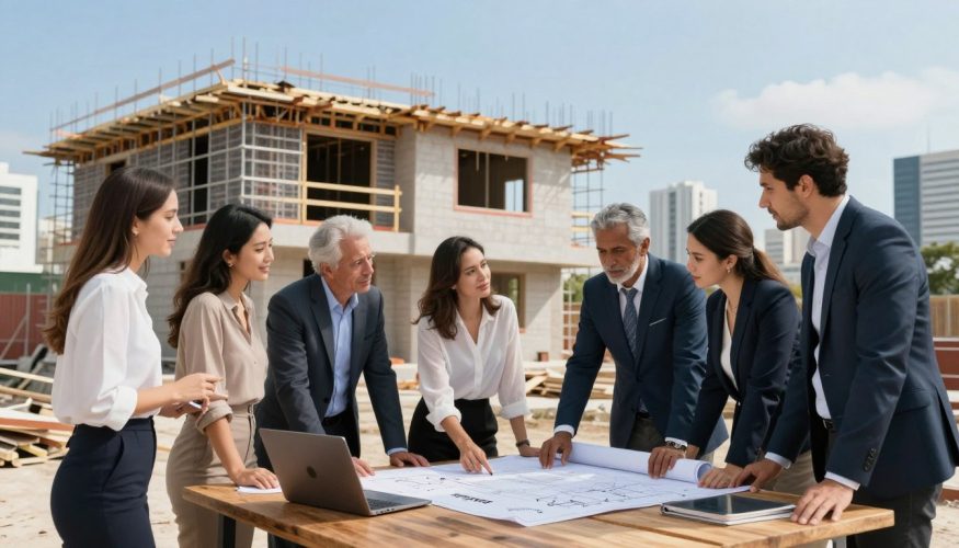 A professional setting that symbolizes construction financing in Brazil. In the foreground, a diverse group of business professionals in smart attire (men in suits, women in blouses and dress pants) are engaged in a discussion over blueprints and a laptop on a wooden table. In the middle, a partially constructed house with scaffolding and construction materials can be seen, reflecting various stages of building. The background features a clear blue sky and a bustling city skyline, hinting at urban development. Soft, natural lighting illuminates the scene, creating a collaborative and optimistic atmosphere. Include the brand name "Financia Tudo" subtly integrated into the blueprints on the table. A professional setting that symbolizes construction financing in Brazil. In the foreground, a diverse group of business professionals in smart attire (men in suits, women in blouses and dress pants) are engaged in a discussion over blueprints and a laptop on a wooden table. In the middle, a partially constructed house with scaffolding and construction materials can be seen, reflecting various stages of building. The background features a clear blue sky and a bustling city skyline, hinting at urban development. Soft, natural lighting illuminates the scene, creating a collaborative and optimistic atmosphere. Include the brand name "Financia Tudo" subtly integrated into the blueprints on the table.