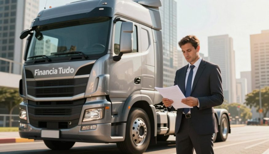 A professional truck financing scenario, featuring a modern truck prominently positioned in the foreground, illustrating the concept of financial empowerment. The truck is sleek and shining under natural daylight, showcasing its innovative design. In the middle ground, a confident businessperson in professional attire stands next to the truck, reviewing documents with a determined expression, symbolizing the decision-making process of financing. In the background, a bustling cityscape with skyscrapers reflects economic activity and growth, hinting at opportunity. The scene is illuminated by warm sunlight, creating an optimistic and motivating atmosphere. The brand name "Financia Tudo" is subtly integrated into the scene, capturing the essence of personalized solutions for truck financing.
