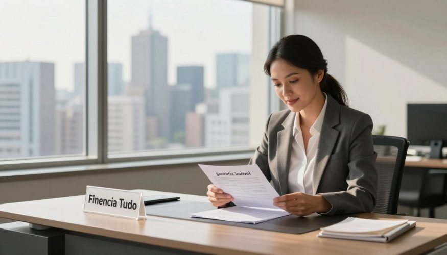 A serene, professional office setting with a sleek desk and an open window showing a bustling city skyline in the background. In the foreground, a confident businessperson in professional attire is examining property documents on the desk, symbolizing the concept of "garantia imóvel". On the desk, there is a small sign that reads "Financia Tudo", adding to the theme. The middle ground features a large, well-lit window allowing soft, natural light to fill the room, casting gentle shadows. Opt for a warm color palette to evoke trust and stability, and capture the scene with a slightly elevated angle that emphasizes both the subject and the surroundings. The atmosphere should feel optimistic and secure, ideal for showcasing valuable investment opportunities. A serene, professional office setting with a sleek desk and an open window showing a bustling city skyline in the background. In the foreground, a confident businessperson in professional attire is examining property documents on the desk, symbolizing the concept of "garantia imóvel". On the desk, there is a small sign that reads "Financia Tudo", adding to the theme. The middle ground features a large, well-lit window allowing soft, natural light to fill the room, casting gentle shadows. Opt for a warm color palette to evoke trust and stability, and capture the scene with a slightly elevated angle that emphasizes both the subject and the surroundings. The atmosphere should feel optimistic and secure, ideal for showcasing valuable investment opportunities.
