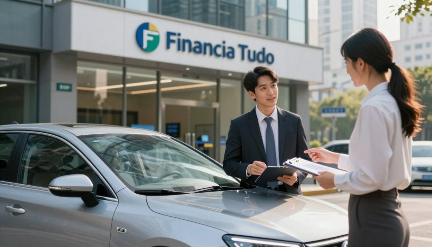 A sleek, modern automobile parked in front of a bustling urban bank, symbolizing the use of vehicles as collateral for loans. In the foreground, a professional man in business attire examines the car, while a bank representative gestures towards a clipboard, discussing the terms. The middle ground features the bank's glass façade, reflecting the city skyline, emphasizing professionalism and financial security. Soft, natural lighting casts a warm glow on the scene, providing a welcoming atmosphere. In the background, a faint view of other vehicles suggests a busy financial district. A subtle logo of "Financia Tudo" is placed on the bank's building to represent the loan service, conveying trust and expertise in financial matters. The overall mood is optimistic and forward-thinking, reflecting the theme of financial empowerment.