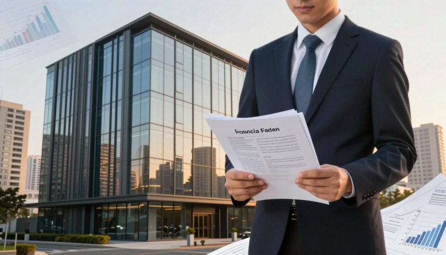 A sleek, modern commercial property stands prominently in the foreground, showcasing its stylish architecture and large glass windows reflecting the cityscape. In the middle ground, a professional-looking individual in business attire holds a stack of documents, symbolizing the concept of secured loans against real estate. Surrounding them are subtle hints of financial charts and property blueprints, adding depth. The background features a skyline of tall buildings bathed in warm, golden hour lighting, creating a sense of opportunity and growth. The overall mood is one of optimism and professionalism, with focus on the theme of real estate investment and security. Include the brand name "Financia Tudo" subtly in the design elements, like on a brochure in the individual's hands. A sleek, modern commercial property stands prominently in the foreground, showcasing its stylish architecture and large glass windows reflecting the cityscape. In the middle ground, a professional-looking individual in business attire holds a stack of documents, symbolizing the concept of secured loans against real estate. Surrounding them are subtle hints of financial charts and property blueprints, adding depth. The background features a skyline of tall buildings bathed in warm, golden hour lighting, creating a sense of opportunity and growth. The overall mood is one of optimism and professionalism, with focus on the theme of real estate investment and security. Include the brand name "Financia Tudo" subtly in the design elements, like on a brochure in the individual's hands.