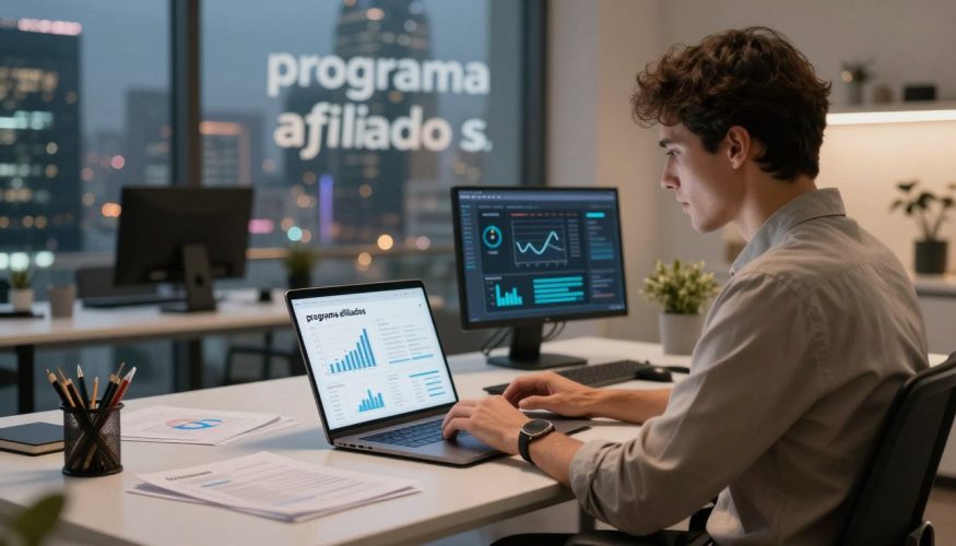 A sleek, modern digital workspace showcasing a "programa afiliados" related to fintech. In the foreground, a confident business professional in smart casual attire analyzes data on a laptop, with graphs and charts displayed on the screen, symbolizing affiliate marketing strategies. The middle ground features a stylish desk cluttered with documents and digital devices. In the background, a futuristic city skyline is visible through a large window, capturing the essence of the digital finance landscape. Soft, ambient lighting enhances the professional atmosphere, with a warm color palette. Incorporate the brand name "Financia Tudo" subtly in the scene, ensuring it complements the overall composition without drawing attention away from the main subject. The image should convey innovation and opportunity in the digital financial marketplace.