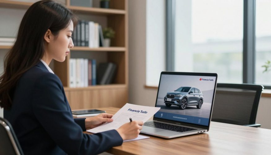 A sleek, modern office setting serves as the backdrop, showcasing a professional business environment. In the foreground, a confident businesswoman in smart attire sits at a polished wooden desk, reviewing paperwork related to a vehicle collateral loan. A high-quality car image is displayed prominently on her laptop screen, symbolizing the "Financia Tudo" brand. The light coming from a large window casts a soft, natural glow, creating an inviting atmosphere. In the middle ground, a blurred bookshelf filled with financial books adds depth to the scene. The overall mood is one of professionalism and trust, reflecting innovative financial solutions. The angle is slightly elevated to capture both the subject and the workspace effectively, emphasizing the connection between the professional and the loan process.
