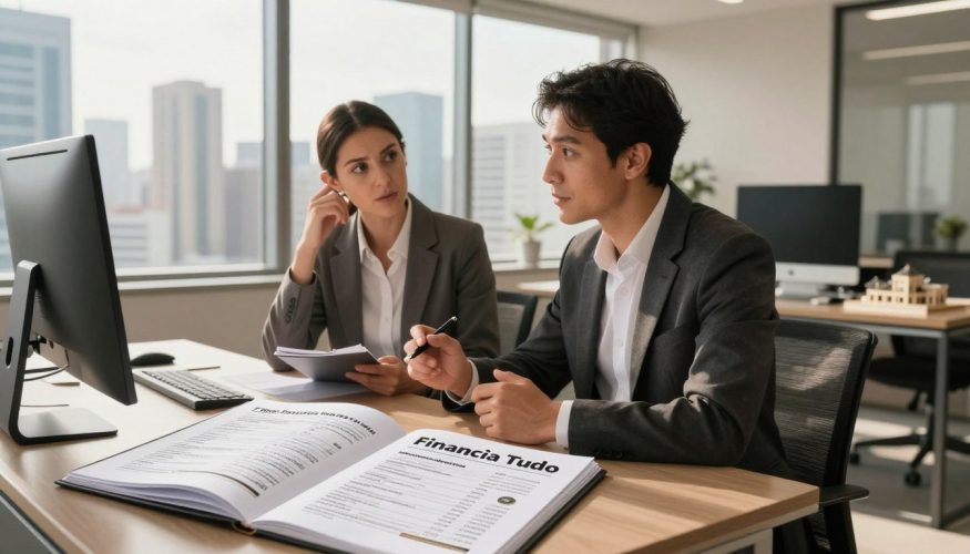 A sleek, modern office setting showcasing a professional real estate agent discussing property options with a couple, both dressed in professional business attire. The foreground features a large, open folder with property listings and financial documents labeled "Financia Tudo." In the middle, the couple is attentively listening and taking notes, with expressions of curiosity and intrigue. The background shows a stylish city skyline through a large window, casting soft, warm sunlight into the room, illuminating the scene. A contemporary desk with a computer and architectural models adds depth and context. The mood is informative and optimistic, capturing the feeling of opportunity in the real estate market without down payments, emphasizing the rarity of this situation in Brazil. A sleek, modern office setting showcasing a professional real estate agent discussing property options with a couple, both dressed in professional business attire. The foreground features a large, open folder with property listings and financial documents labeled "Financia Tudo." In the middle, the couple is attentively listening and taking notes, with expressions of curiosity and intrigue. The background shows a stylish city skyline through a large window, casting soft, warm sunlight into the room, illuminating the scene. A contemporary desk with a computer and architectural models adds depth and context. The mood is informative and optimistic, capturing the feeling of opportunity in the real estate market without down payments, emphasizing the rarity of this situation in Brazil.