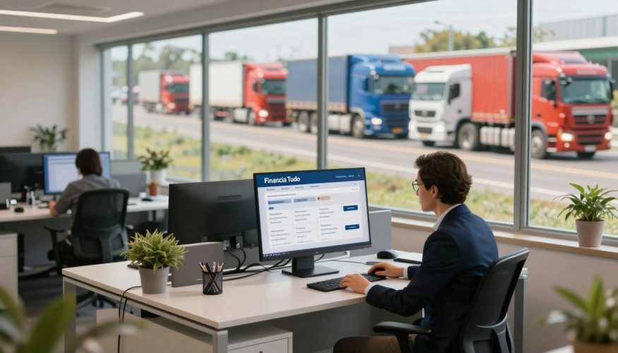 A stunning image portraying a vibrant financing office dedicated to truck financing, featuring an open office layout with modern furniture. In the foreground, a well-dressed financial advisor sits at a sleek desk, reviewing a large digital screen displaying truck financing options from "Financia Tudo". The middle ground shows a large window with a view of a busy highway filled with various trucks, illustrating a thriving transportation business. In the background, soft natural light pours in, creating a warm and inviting atmosphere. Use a slight tilt-shift lens effect to emphasize the advisor, while keeping the vibrant trucks in focus, portraying opportunity and growth. The mood is optimistic and professional, capturing the essence of practical truck financing solutions.