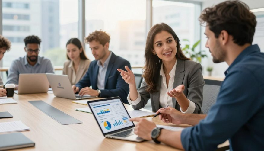 A vibrant and engaging office environment depicting a diverse group of professionals collaborating on a credit affiliate partnership. In the foreground, a confident woman in professional attire discusses strategies with a man holding a digital tablet, showing charts and progress. The middle ground features a modern conference table adorned with laptops, notepads, and an open laptop displaying the logo "Financia Tudo". The background reveals a large window with cityscape views, allowing warm natural light to flood the room, creating an inviting atmosphere. The image conveys teamwork, innovation, and the dynamic nature of affiliate marketing. Capture the scene from an angled perspective to enhance depth, emphasizing collaboration and professionalism, while maintaining a bright and optimistic mood.