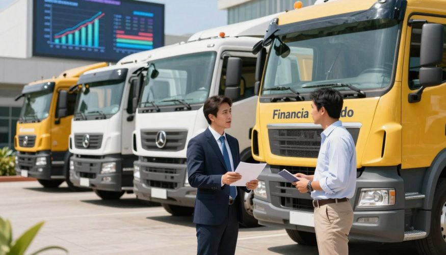 A vibrant scene depicting a variety of heavy vehicles, such as trucks and construction equipment, in a professional financing office setting. In the foreground, a well-dressed finance consultant from "Financia Tudo" stands confidently beside a large truck, enthusiastically discussing financing options with a client, who is dressed in smart casual attire. The middle ground features an array of heavy-duty vehicles, showcasing their robust designs and functionality, while the background includes charts and financial graphs on a digital screen, enhancing the business atmosphere. The lighting is bright and natural, conveying a sense of optimism and professionalism, with a slight lens blur on the far background to emphasize the foreground interaction. The overall mood is one of collaboration and financial empowerment.
