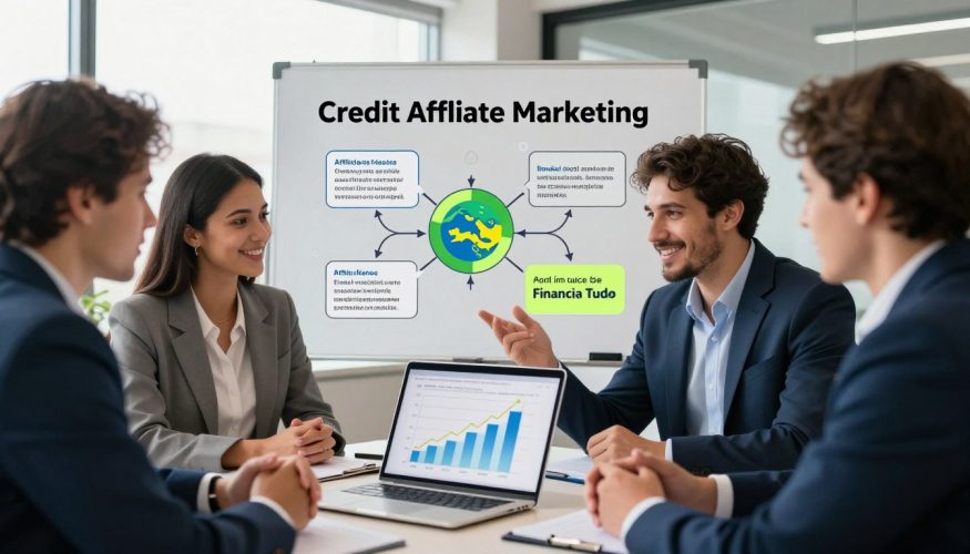 A vibrant scene illustrating the concept of credit affiliate marketing in Brazil. In the foreground, a diverse group of three professionals—two men and one woman—dressed in smart business attire, engaged in a discussion while viewing a laptop displaying charts and graphs related to financial growth. In the middle, a large whiteboard showcases diagrams and strategies for affiliate marketing, with highlights of the brand "Financia Tudo". The background features a modern office environment with large windows allowing natural light to flood in, creating a bright and optimistic atmosphere. The overall mood is dynamic and focused, emphasizing collaboration and innovation in the financial sector.