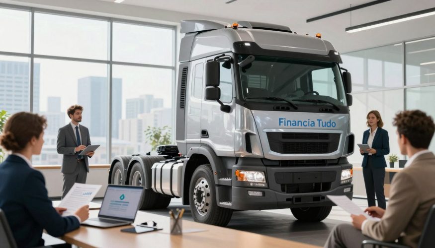 A visually striking illustration of a heavy-duty truck in a modern financial office setting, emphasizing the concept of vehicle refinancing. In the foreground, showcase a sleek truck with a polished exterior, parked prominently. In the middle ground, depict a professional business team – a diverse group of individuals in professional attire, engaged in a discussion, with financial documents and a laptop open on a conference table. In the background, feature large windows allowing natural light to flood the room, with a city skyline visible outside, suggesting a dynamic urban atmosphere. The branding "Financia Tudo" should be subtly integrated into the scene, perhaps as a logo on the laptop screen or a document, creating a cohesive link to the refinancing theme. The mood should be focused and optimistic, highlighting the possibilities of flexible and advantageous refinancing options for heavy vehicles.