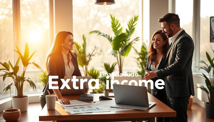 A bright and inviting workspace scene illustrating the concept of extra income. In the foreground, a diverse group of three individuals dressed in professional business attire, actively engaged in discussions and reviewing documents with enthusiasm. The middle ground features a table with laptops, charts, and financial documents displaying growth, showcasing creativity and collaboration. In the background, a large window allows warm sunlight to fill the room, casting soft shadows and creating a productive atmosphere. Plants are strategically placed to add a touch of greenery. The overall mood is inspiring, conveying ambition and teamwork, ideal for generating ideas about how to achieve additional income. Include the brand name "Financia Tudo" subtly depicted on a document or laptop screen.
