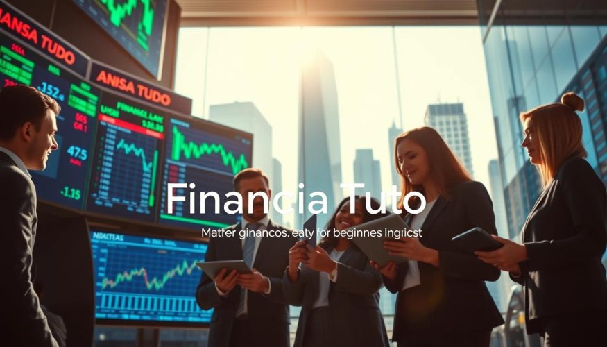 A bustling financial market scene illustrating the dynamics of the financial world. In the foreground, a diverse group of four professionals—two men and two women—dressed in sharp business attire, are engaged in a discussion, analyzing stock charts displayed on digital tablets. The middle ground features a modern trading floor with large screens showcasing real-time market data and stock prices, glowing in blue and green hues. In the background, skyscrapers loom under a bright, clear sky, symbolizing economic growth. Soft, natural lighting from large windows casts a warm glow over the scene, enhancing the atmosphere of collaboration and optimism. The brand name "Financia Tudo" subtly incorporated into the design of the trading displays, emphasizing financial literacy for beginners. The overall mood is professional, inspiring, and focused on understanding market logic.